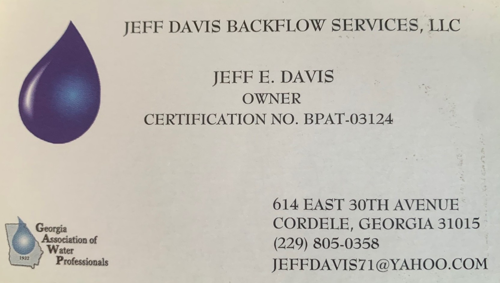 Jeff Davis Backflow New Business Card 2025